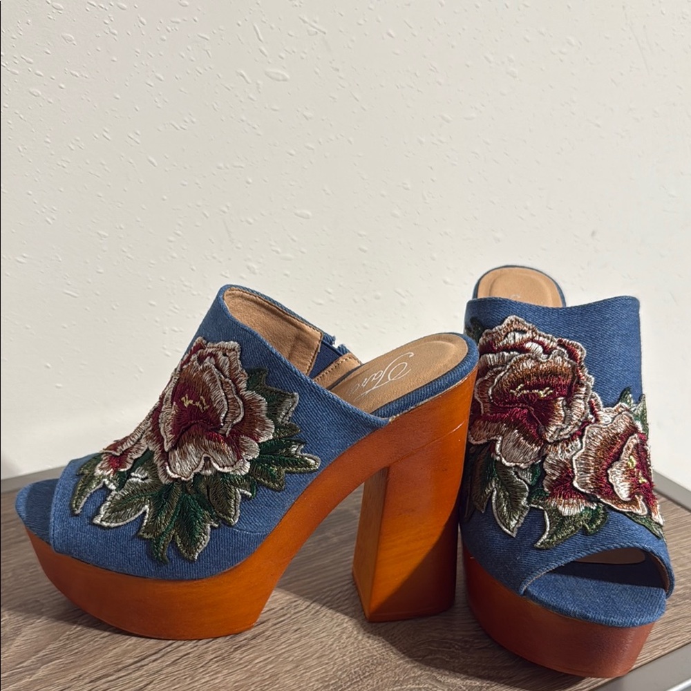 Brand new Embroidered Blue denim Platform Mules